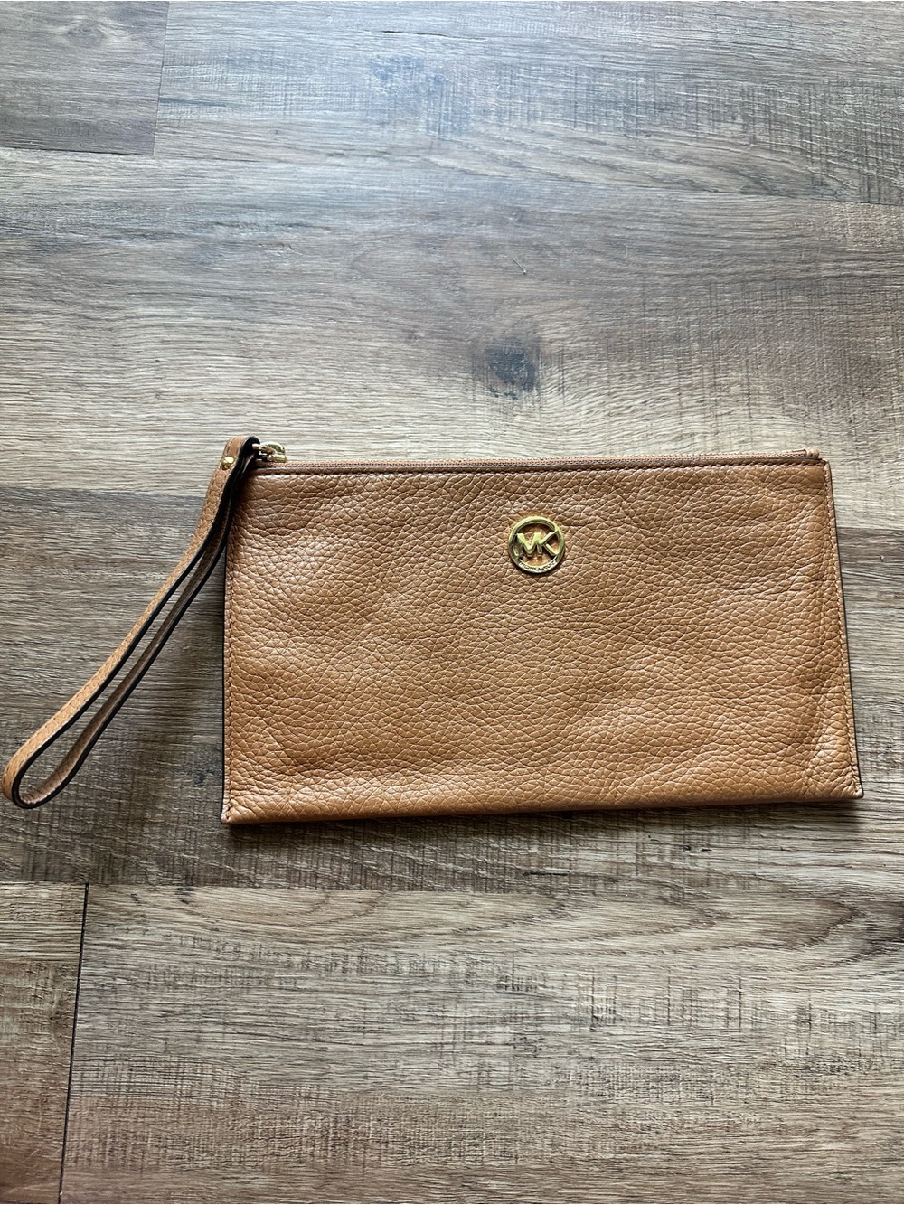 Michael Kors Tan Leather Wristlet with Gold Logo